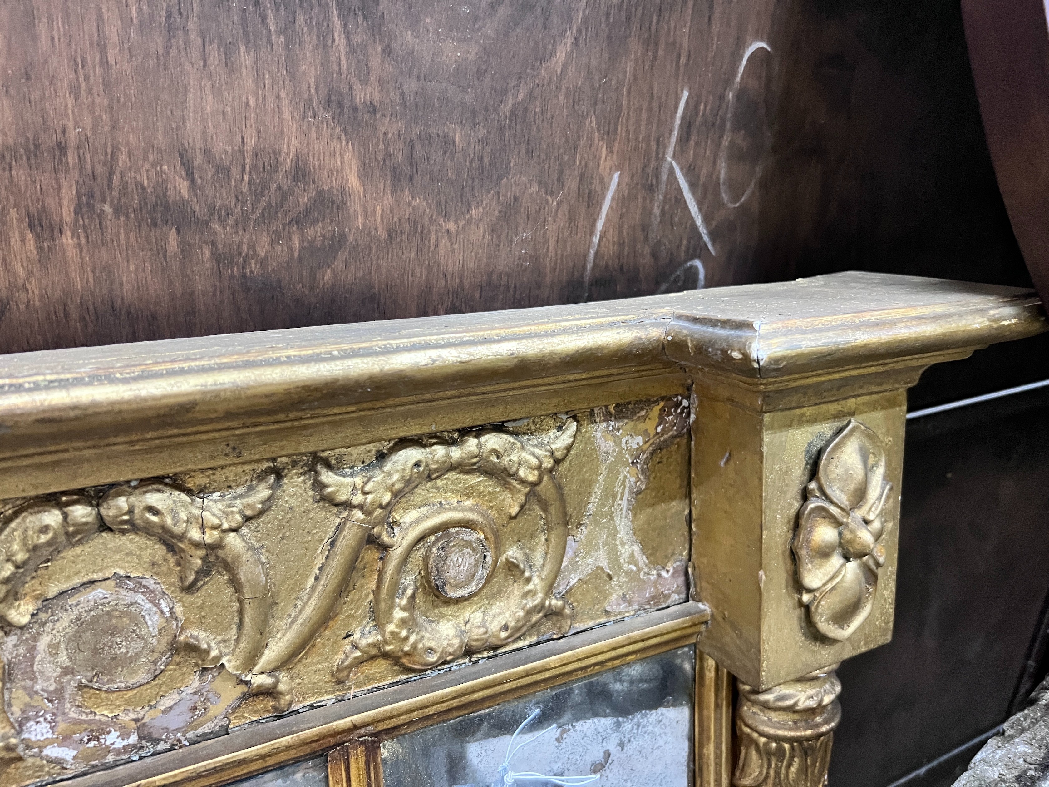 A Regency style giltwood and gesso triple overmantel mirror, width 130cm, height 64cm *Please note the sale commences at 9am.